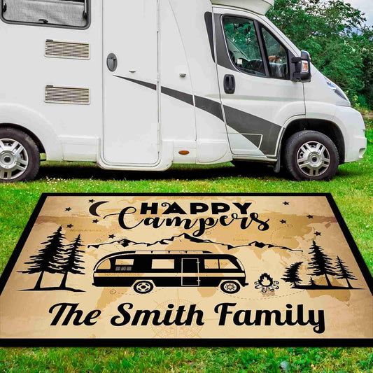 Custom RV Rug Happy Campers Outdoor Rug for Camping RV Trailer Decor World Map Campfire 55 x 95 Inch RV Patio Mats, Floor Mat, Camping Rugs, RV-8
