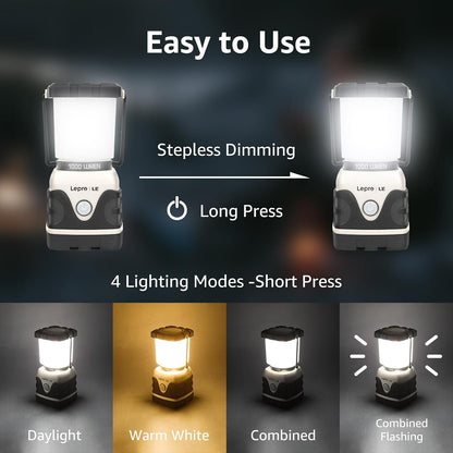 Lepro 1000LM Battery Powered LED Camping Lantern with 4 Light Modes, White