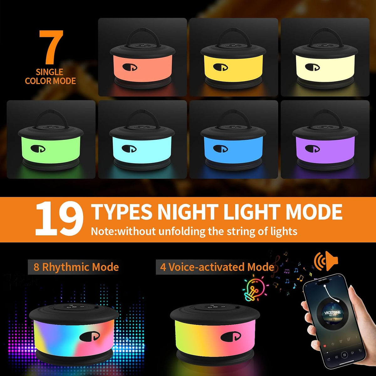 TOHETO Camping String Lights, 3 in 1 Upgraded Retractable RGB Outdoor String Lights with 19 Lighting Modes, Quick 30s Recovery, 32.8 FT Portable Tent Lights, Rechargeable Camping Lantern (Black)