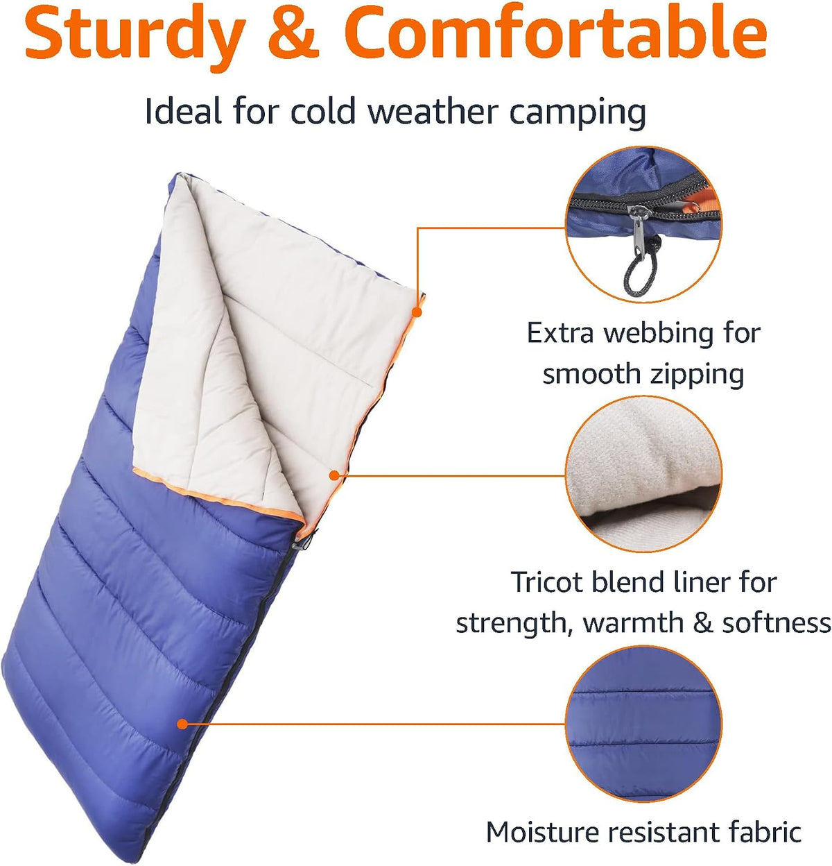 Amazon Basics 30°F Cool Weather Sleeping Bag for Adults, Warm and Comfortable, Compact Lightweight, 75" x 33", Blue