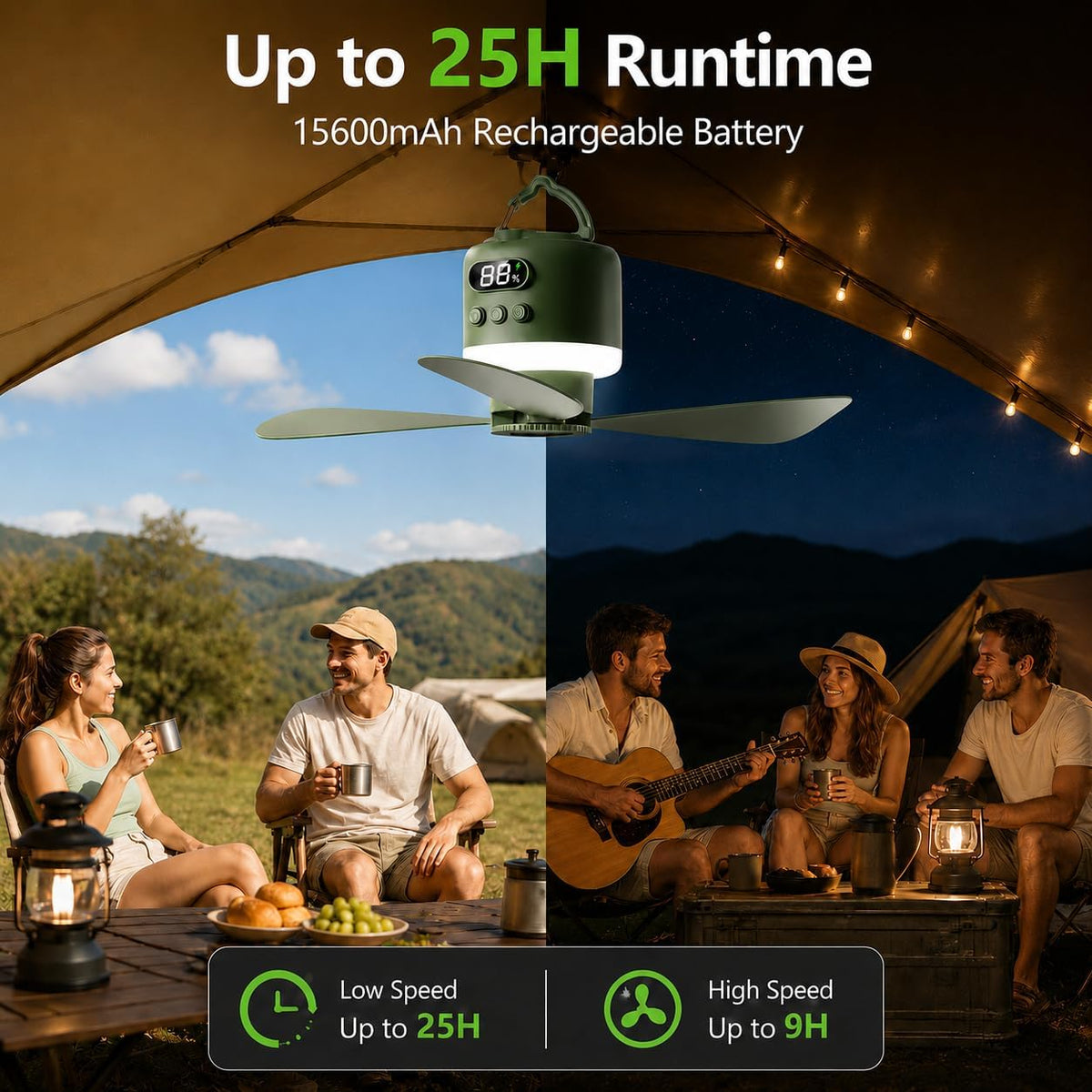 Upgraded Large Size 18-Inch Rechargeable Camping Ceiling Fan with LED Light - 15600mAh Canopy Fan for Gazebo, Portable RV Ceiling Fan, Quiet Hanging Tent Fan for Outdoor, Patio (Detachable Blades)