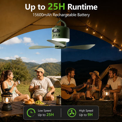 Upgraded Large Size 18-Inch Rechargeable Camping Ceiling Fan with LED Light - 15600mAh Canopy Fan for Gazebo, Portable RV Ceiling Fan, Quiet Hanging Tent Fan for Outdoor, Patio (Detachable Blades)