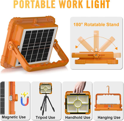 100W LED Solar Work Light, 466 LED 10000LM Magnetic Worklight with 5 Modes, 12000mAh Battary Rechargeable, IP66 Waterproof Portable Solar Outdoor Working Light for Emergency, Repair, Camping
