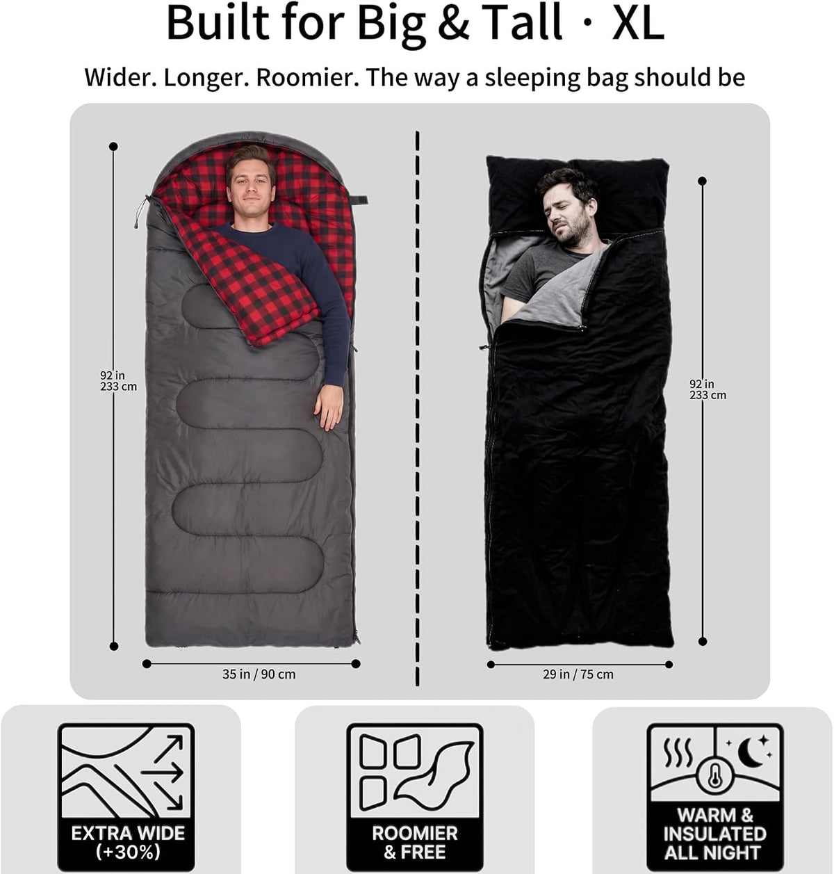 Winter Flannel Sleeping Bags XL for Big & Tall Adults, Cold Weather Camping