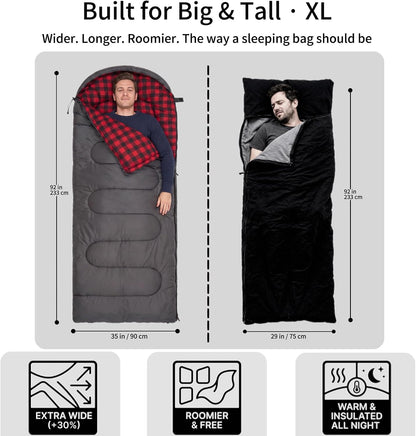 Winter Flannel Sleeping Bags XL for Big & Tall Adults, Cold Weather Camping
