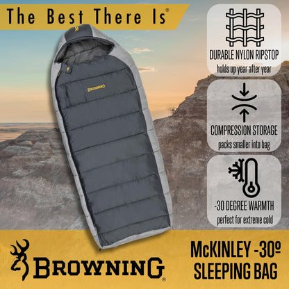 Browning McKinley -30° Sleeping Bag - Oversize Insulated Hooded Rectangle Made with Ripstop Outer and Brushed Polyester Liner, with Compression Stuff Sack, Charcoal/Gray