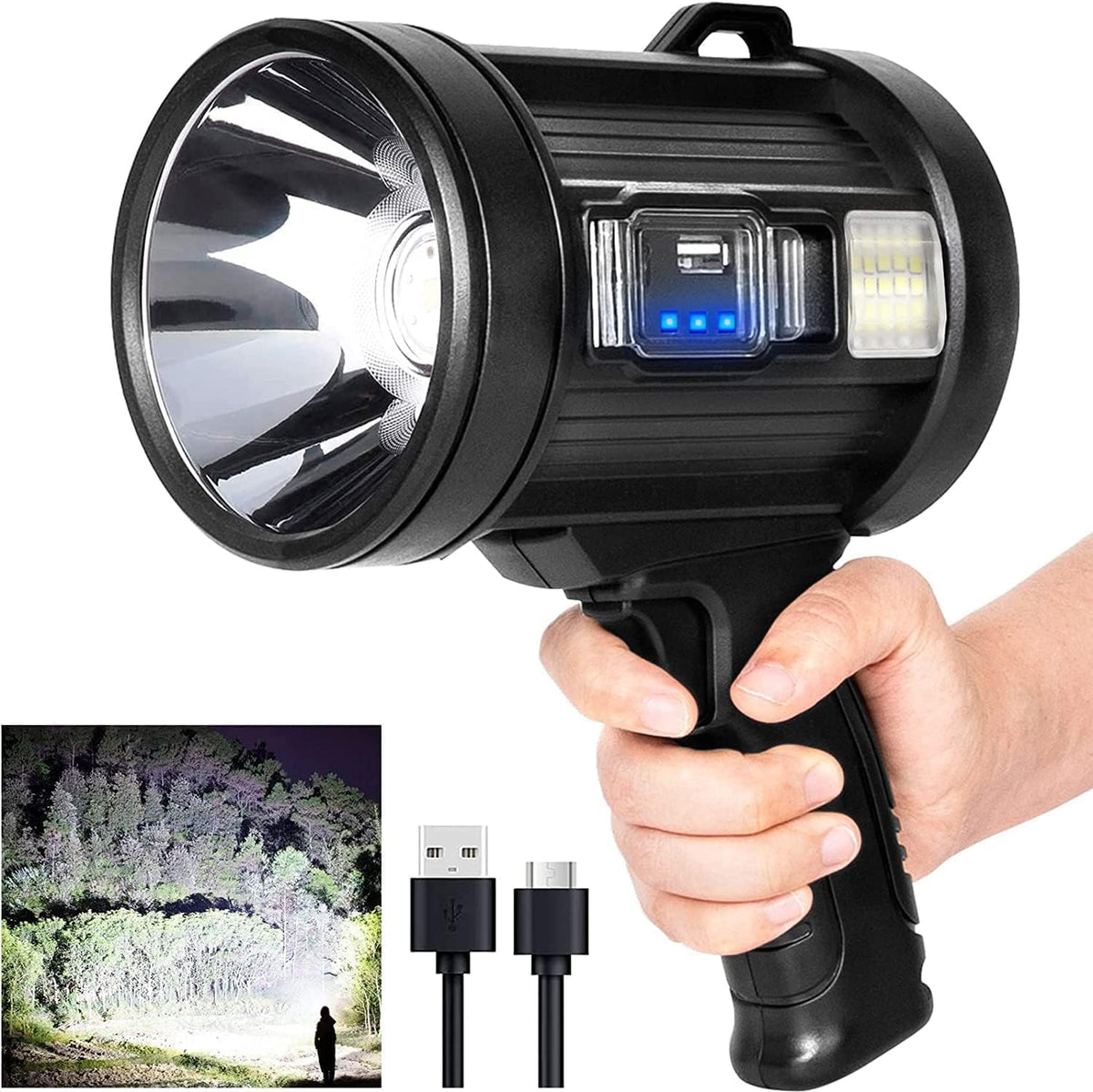 MIXILIN Rechargeable Spotlight, 2000,000 Lumens Handheld Hunting Flashlight Led Spot Light with Cob Light and Solar Panels, Lightweight and Super Bright Spotlight for Hunting Boating Camping