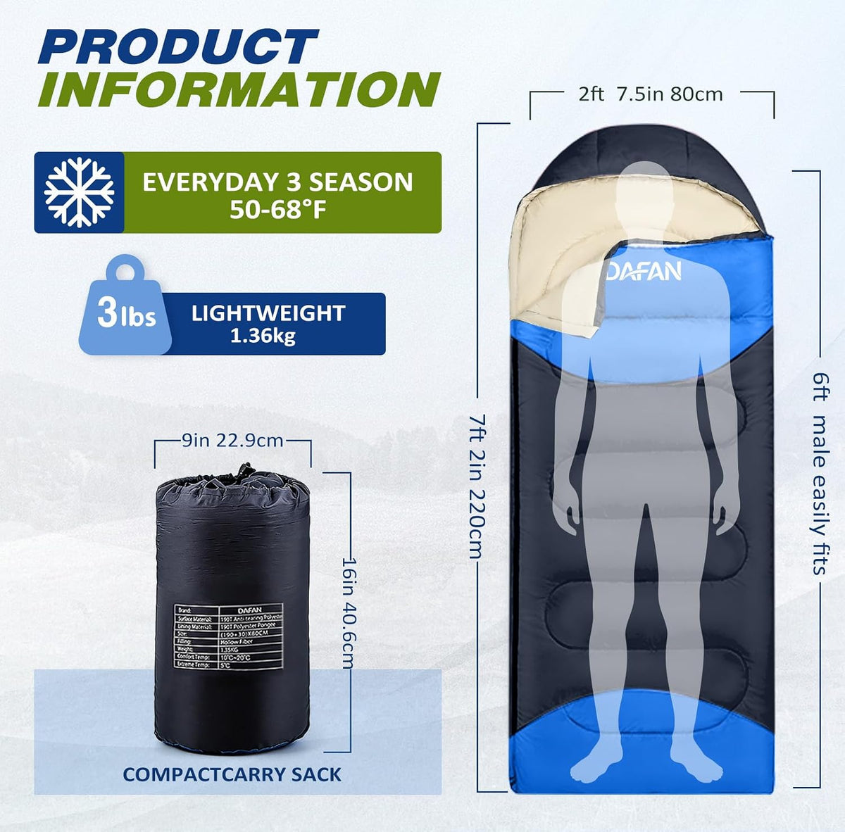 Lightweight Sleeping Bag for Adults, 3-Season Waterproof Backpacking Sleeping Bags with Compression Sack, Comfort Temp 50–68°F, Portable Camping Essential Gear for Travel, Hiking, Outdoor, Indoor