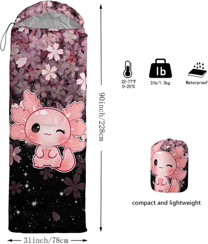 QOOMO Axolotl Cute Camping Sleeping Bags,3 Season Warm & Cool Weather,Lightweight,Waterproof Sleeping Bags for Adults & Kids,Traveling,and Outdoors