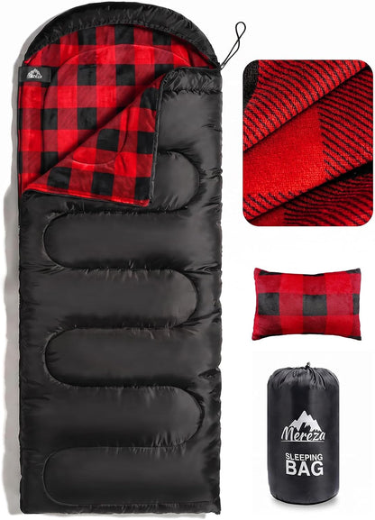 MEREZA Flannel Sleeping Bag for Adults Mens with Pillow, XL Cold Weather Sleeping Bag for 30 Degree 4 Season Camping Large Big and Tall Sleeping Bags with Compression Sack