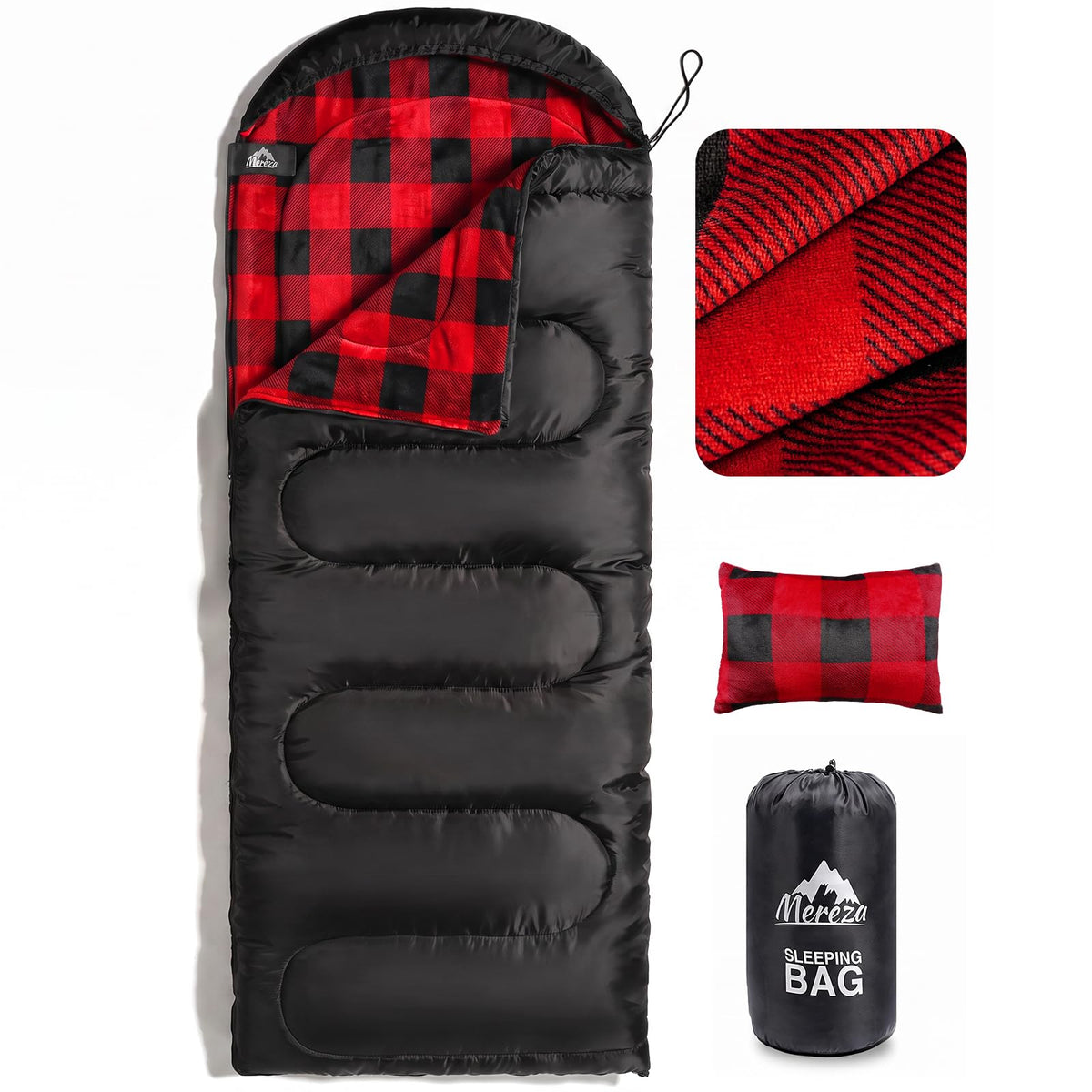 MEREZA Flannel Sleeping Bag for Adults Mens with Pillow, XL Cold Weather Sleeping Bag for 30 Degree 4 Season Camping Large Big and Tall Sleeping Bags with Compression Sack