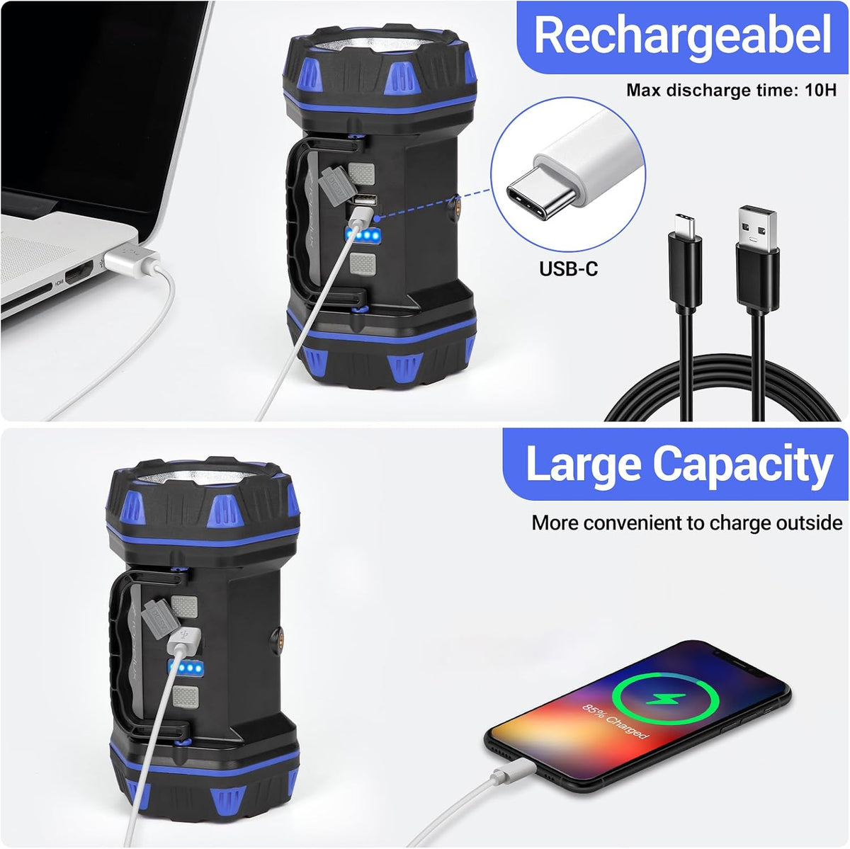Led Camping Lantern Rechargeable, Camping Flashlight 1500LM, 8 Light Modes, Camping Lights 4800 Capacity, Portable Bright Flash Light for Emergencies, Power Outages, Hurricane, Hiking (Blue 1PACK).