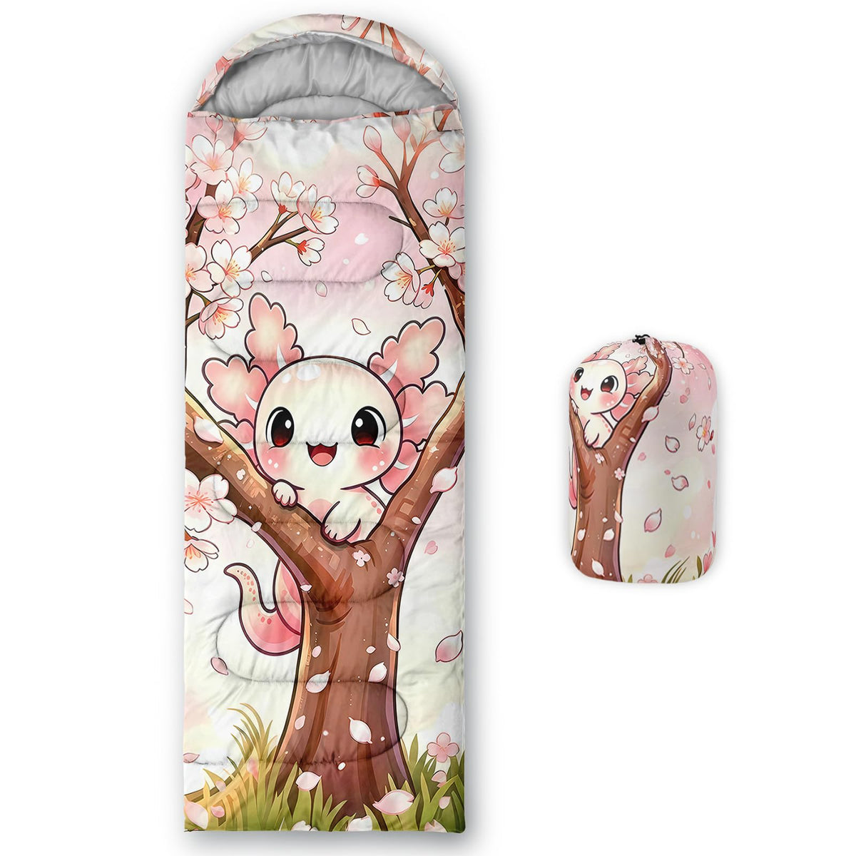 QOOMO Axolotl Cute Camping Sleeping Bags,3 Season Warm & Cool Weather,Lightweight,Waterproof Sleeping Bags for Adults & Kids,Traveling,and Outdoors