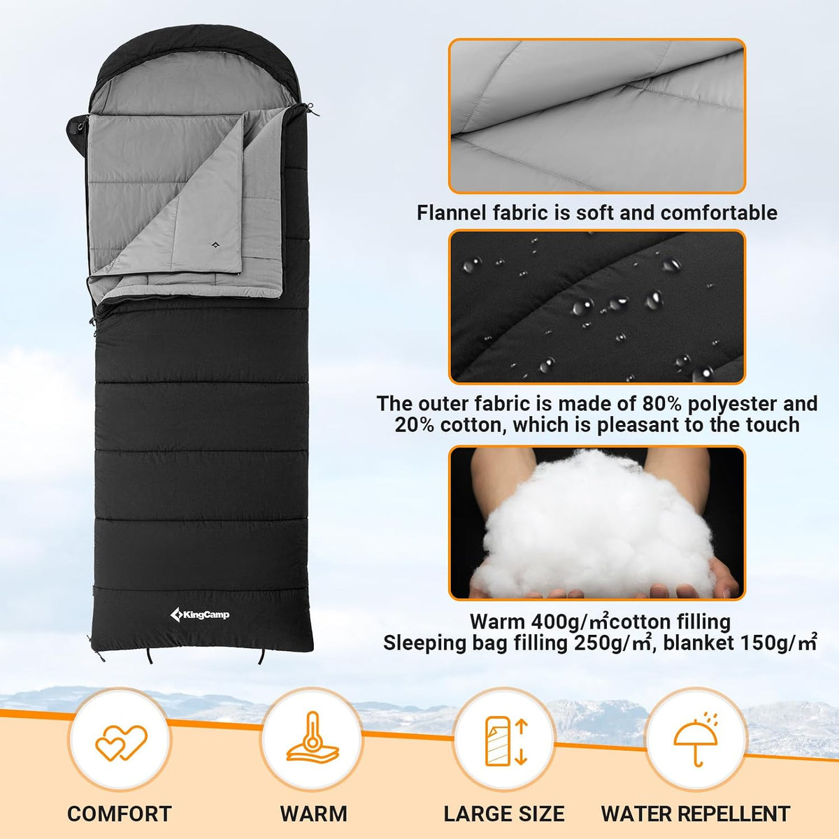 KingCamp 3-in-1 Sleeping Bag for Adults, Flannel Lining Sleeping Bag,Black