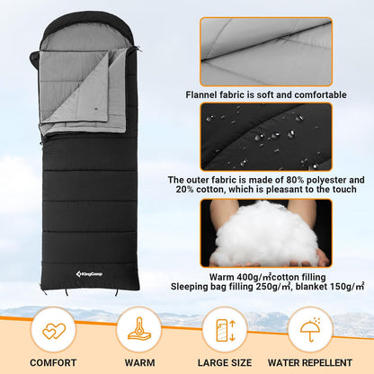KingCamp 3-in-1 Sleeping Bag for Adults, Flannel Lining Sleeping Bag,Black