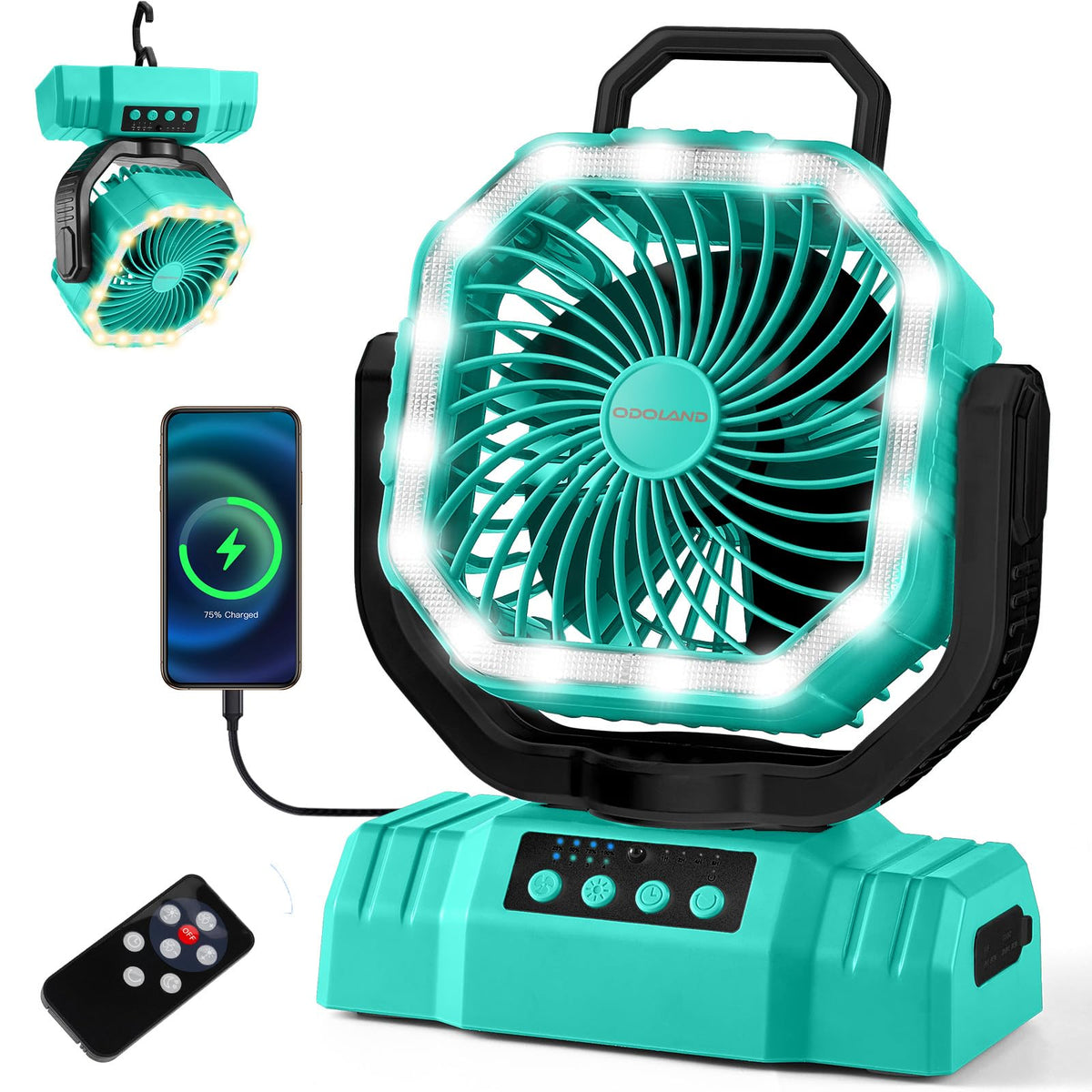 Odoland Portable Camping Fan with Light, 20000mAh Rechargeable Battery Fan