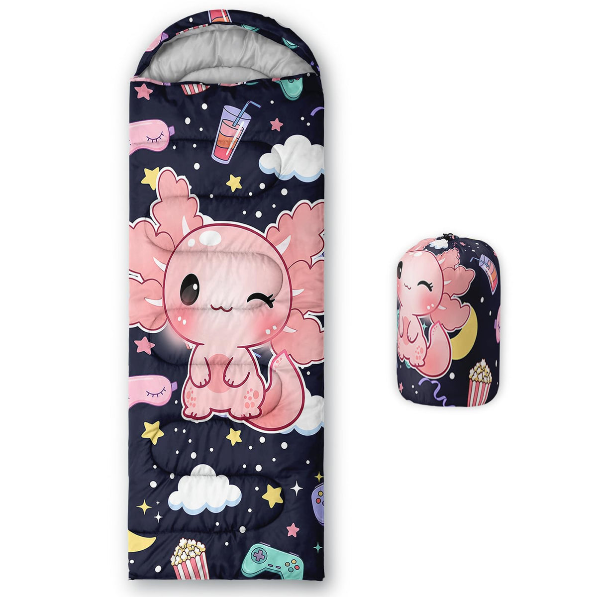 QOOMO Axolotl Cute Camping Sleeping Bags,3 Season Warm & Cool Weather,Lightweight,Waterproof Sleeping Bags for Adults & Kids,Traveling,and Outdoors