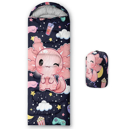 QOOMO Axolotl Cute Camping Sleeping Bags,3 Season Warm & Cool Weather,Lightweight,Waterproof Sleeping Bags for Adults & Kids,Traveling,and Outdoors