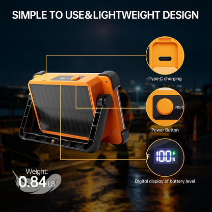 150W Solar Rechargeable Work Light, 180 LED 10000LM Portable Flood Light, IP65 Waterproof 3 Modes, with Stand, for Job Site Home Repair Camping Fishing Garage Workshop Emergency