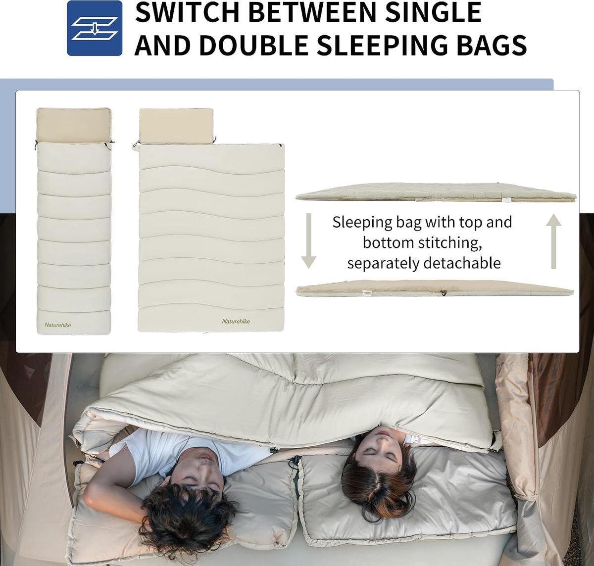 Naturehike Camping Sleeping Bag for Adults, 36/54℉, Spliceable Double Sleeping Bag 3 Seasons, Lightweight Waterproof Sleep Bags for Cold&Warm Weather