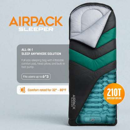 Sleeping Bag with Built-in Pad (AirPack Sleeper) - All-in-One Inflatable Sleeping Pad and Zip-Up Blanket for Camping with Built-in Foot Pump (Black/Green) 80"×30"