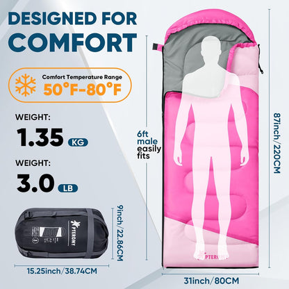 PTEROMY Sleeping Bags for Adults, Lightweight and Machine Washable, Water Resistant Backpacking Camping Sleeping Bag for Warm Cold Weather, Camping Essentials for Hiking Travel