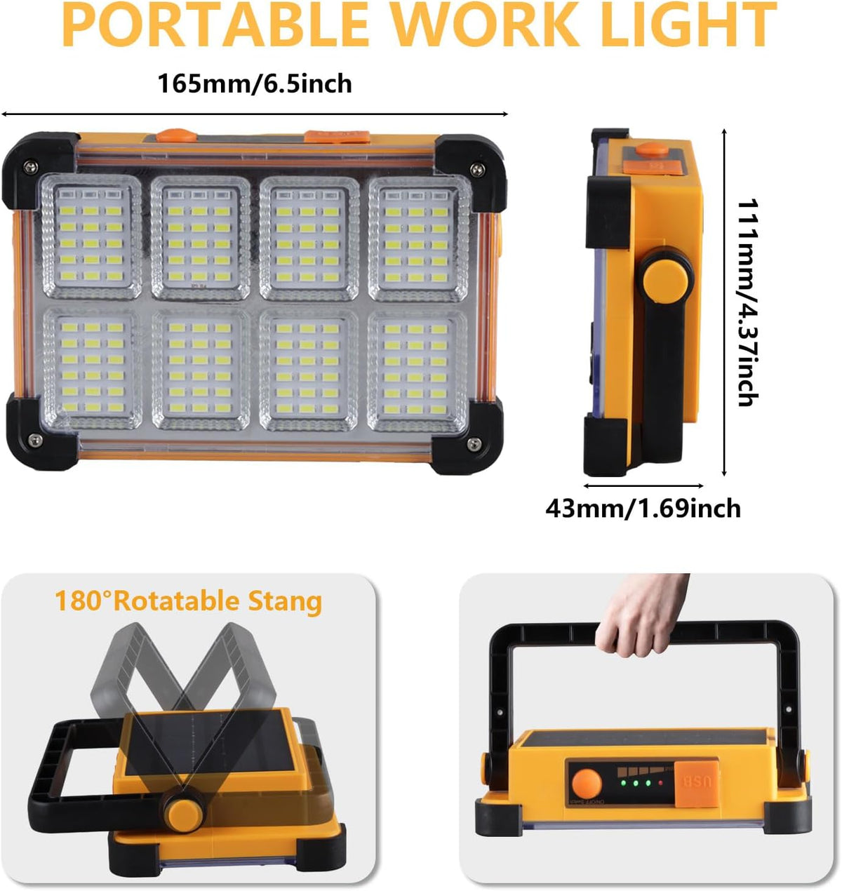 YXQUA 120W Solar Rechargeable Work Light, 144 LED 10000LM, IP65
