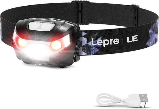 Lepro LED Headlamp Rechargeable IPX4 Waterproof Headlight 5 Modes - Black