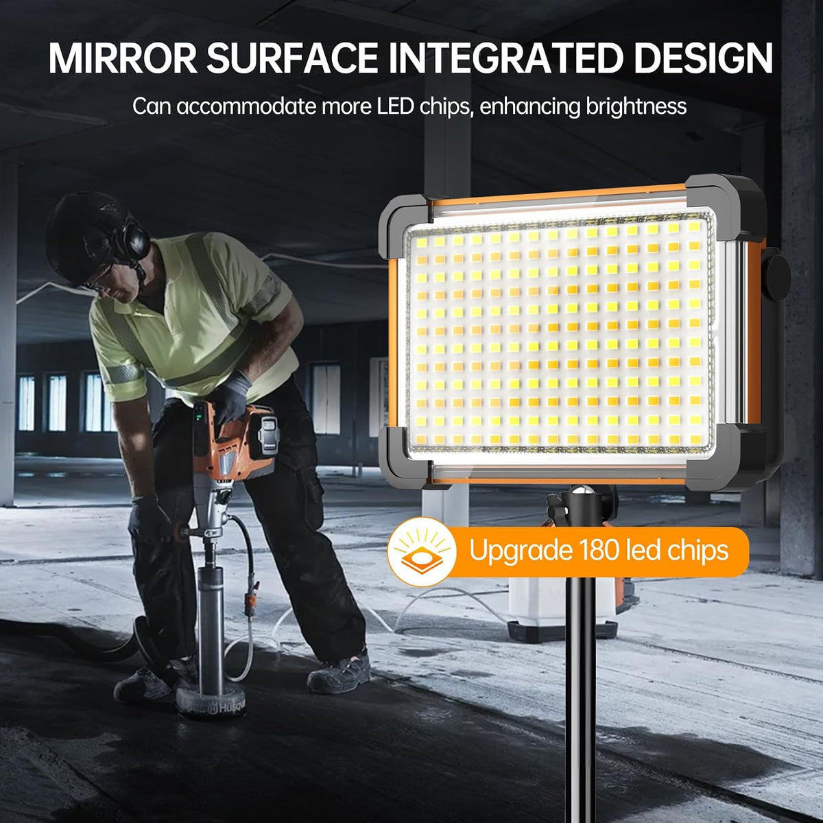 150W Solar Rechargeable Work Light, 180 LED 10000LM Portable Flood Light, IP65 Waterproof 3 Modes, with Stand, for Job Site Home Repair Camping Fishing Garage Workshop Emergency