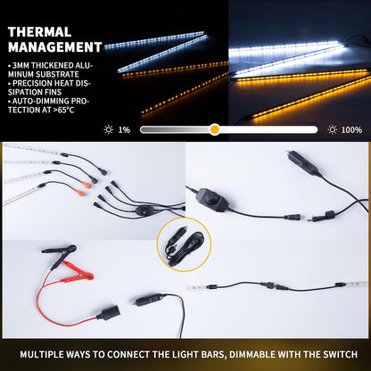 12V LED Light Bar Kit, 2 Bars White & 2 Bars Amber Adjustable Brightness RV Camping Lights - Waterproof IP67, Magnetic & Strap Mount, Portable Lighting for Tent, Car, Trailer, Boat, Truck, Off-Road