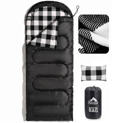 MEREZA Flannel Sleeping Bag for Adults Mens with Pillow, XL Cold Weather Sleeping Bag for 30 Degree 4 Season Camping Large Big and Tall Sleeping Bags with Compression Sack