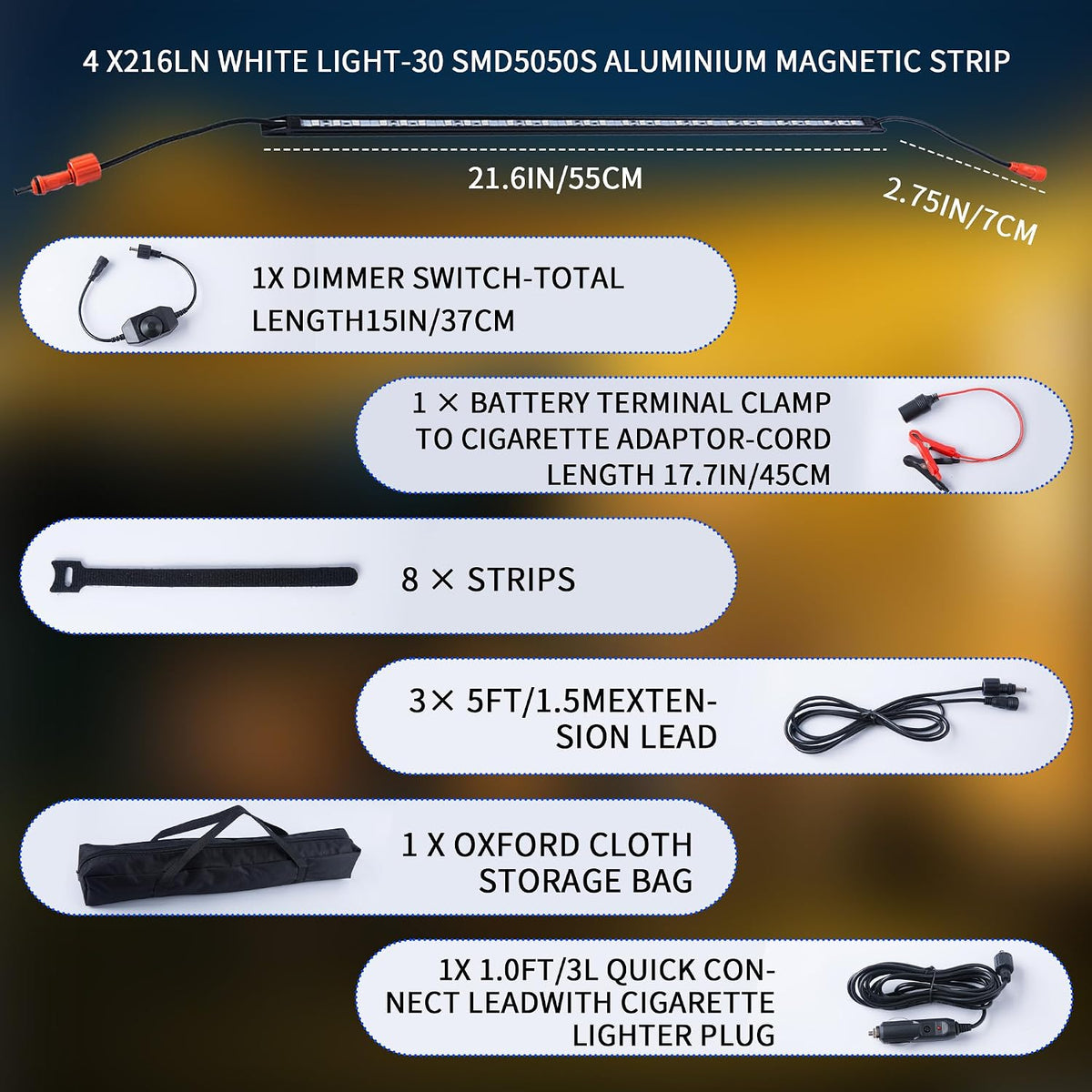 12V LED Light Bar Kit, 2 Bars White & 2 Bars Amber Adjustable Brightness RV Camping Lights - Waterproof IP67, Magnetic & Strap Mount, Portable Lighting for Tent, Car, Trailer, Boat, Truck, Off-Road