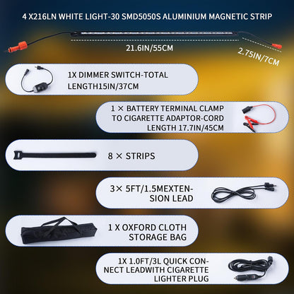 12V LED Light Bar Kit, 2 Bars White & 2 Bars Amber Adjustable Brightness RV Camping Lights - Waterproof IP67, Magnetic & Strap Mount, Portable Lighting for Tent, Car, Trailer, Boat, Truck, Off-Road