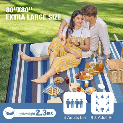 G GOOD GAIN Picnic Blankets Waterproof Outdoor 80"x80" Large, BlueStrip