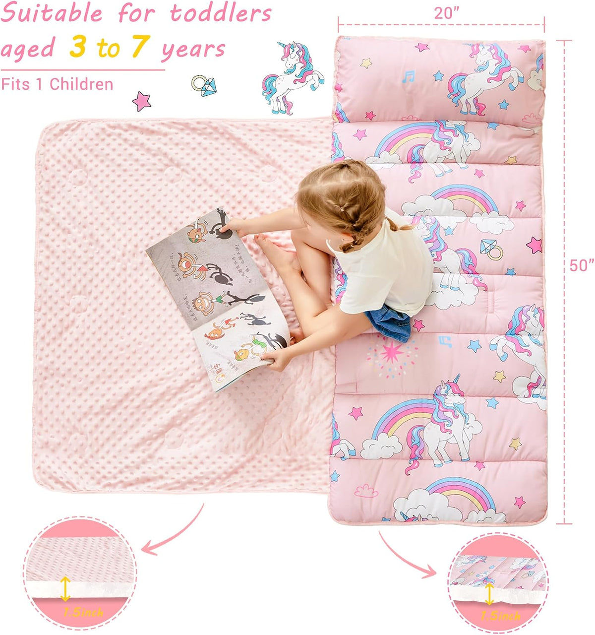 Lasoftan Toddler Nap Mat with Pillow and Blanket, Extra Large Rolled Napping Mats,Slumber Bags for Boys Girls,Kids Sleeping Bag for Daycare, Preschool Travel Camping
