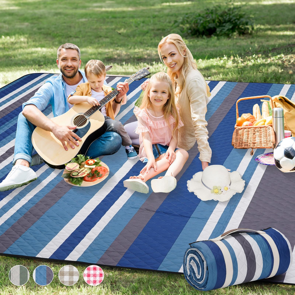 G GOOD GAIN Picnic Blankets Waterproof Outdoor 80"x80" Large, BlueStrip