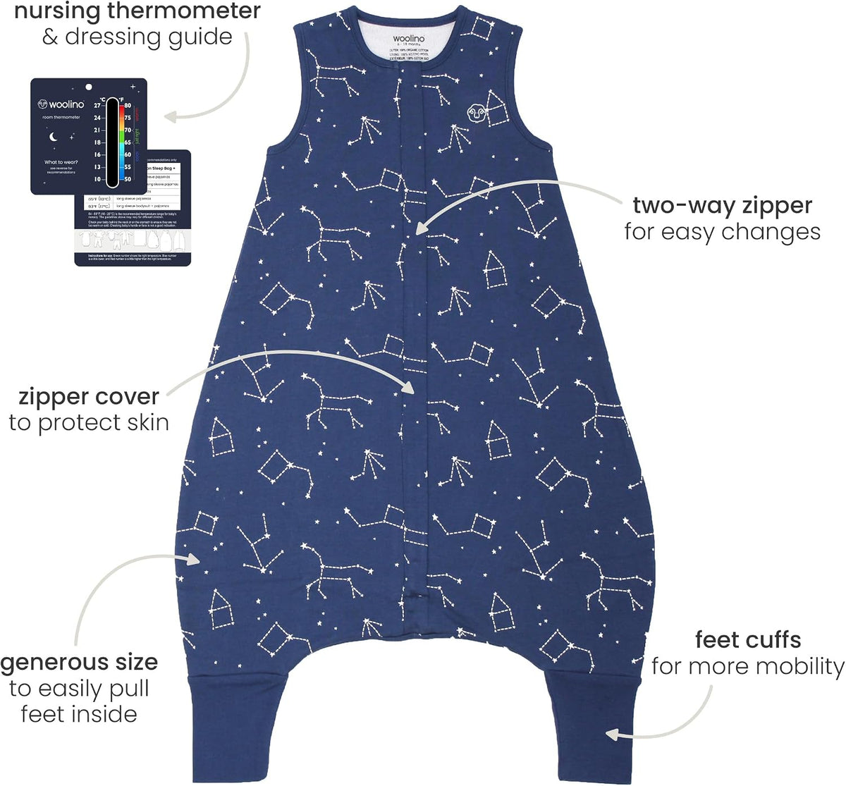Woolino 4 Season Baby Sleep Bag with Feet Holes, Australian Merino Wool and Organic Cotton, Toddler Sleeping Bag, 18-36mo, Navy Blue