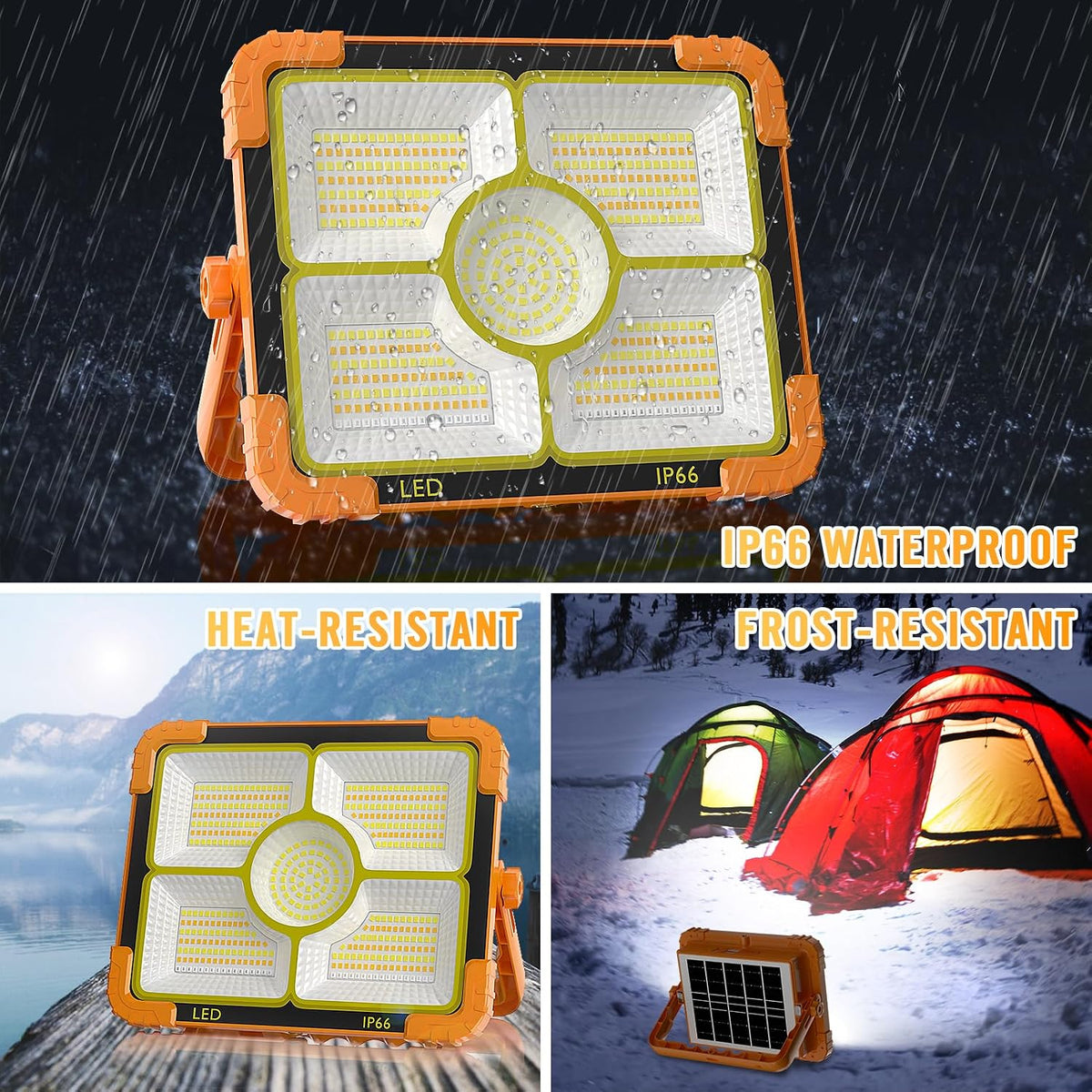 100W LED Solar Work Light, 466 LED 10000LM Magnetic Worklight with 5 Modes, 12000mAh Battary Rechargeable, IP66 Waterproof Portable Solar Outdoor Working Light for Emergency, Repair, Camping