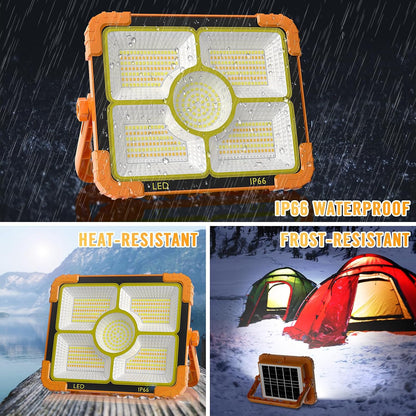 100W LED Solar Work Light, 466 LED 10000LM Magnetic Worklight with 5 Modes, 12000mAh Battary Rechargeable, IP66 Waterproof Portable Solar Outdoor Working Light for Emergency, Repair, Camping