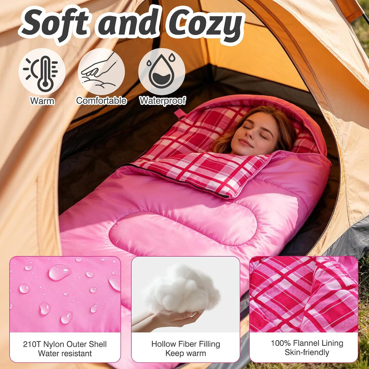 Uniqwamer Sleeping Bag for Adults Kids - 4 Seasons Cold & Warm Weather Flannel Camping Sleeping Bags, Lightweight & Waterproof Sleeping Bag for Camping Hiking Outdoor Travel
