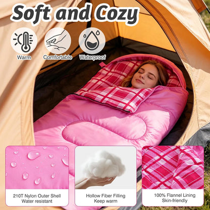 Uniqwamer Sleeping Bag for Adults Kids - 4 Seasons Cold & Warm Weather Flannel Camping Sleeping Bags, Lightweight & Waterproof Sleeping Bag for Camping Hiking Outdoor Travel