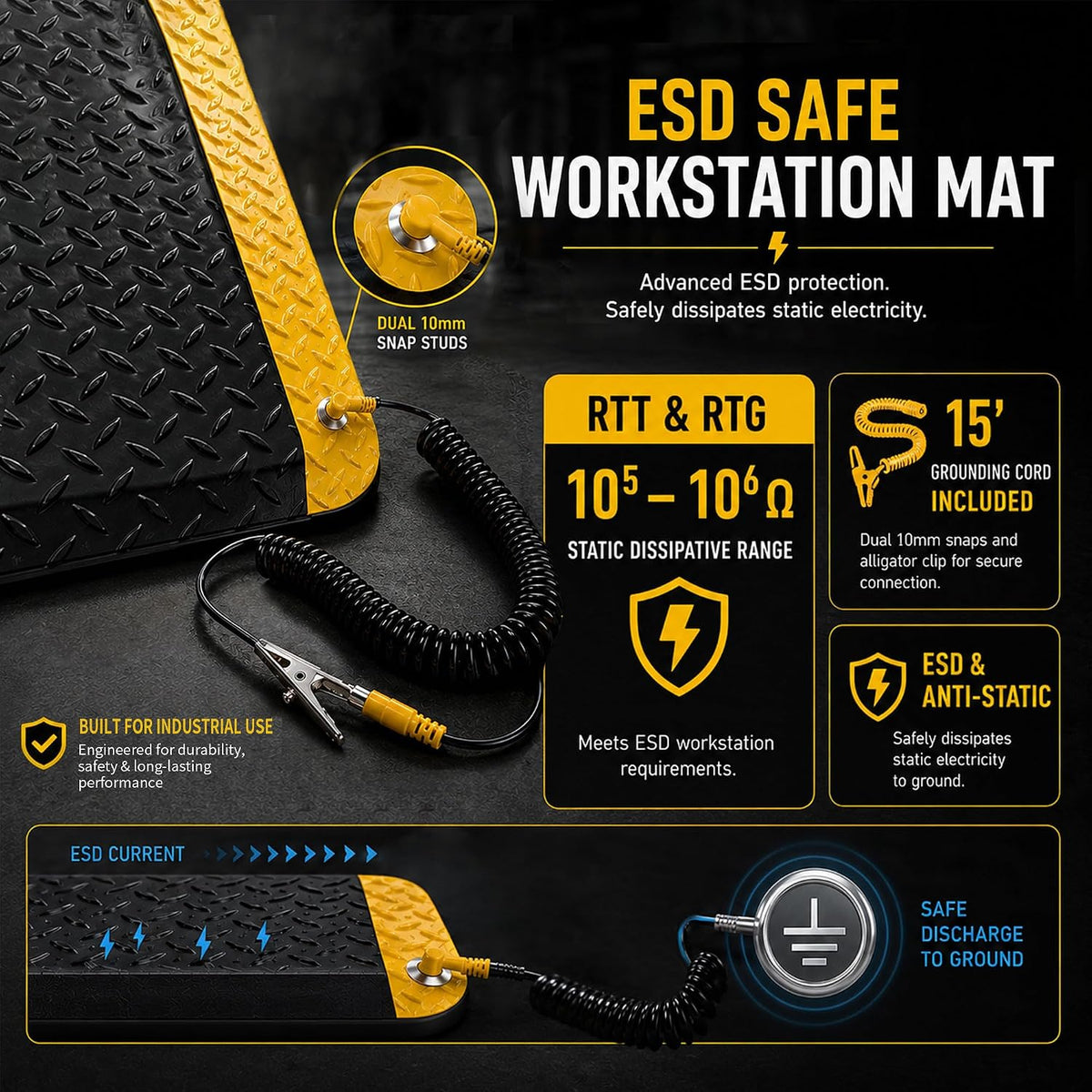 3' x 5' ESD Anti-Fatigue Conductive Mat, Durable Heavy Duty Diamond Plate, Soft Sponge Ergonomic Mat, Non Slip Waterproof Floor Mats for Commercial&Industrial Work, Thick 3/4” Black with Yellow Border
