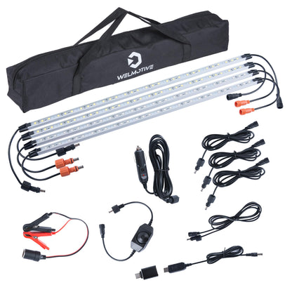 12V LED Light Bar Kit, 2 Bars White & 2 Bars Amber Adjustable Brightness RV Camping Lights - Waterproof IP67, Magnetic & Strap Mount, Portable Lighting for Tent, Car, Trailer, Boat, Truck, Off-Road