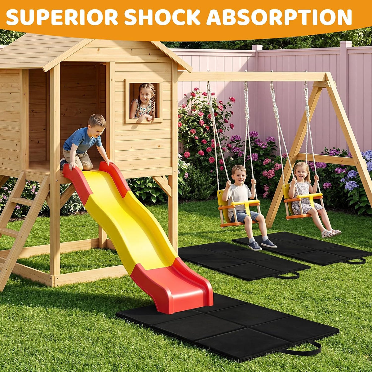 6 Pics Outdoor Playground Mat, High Density PVC Rubber Mulch Wear Mat with Waterproof Oxford Cover and Carry Handles, Shock Absorbing Foldable Mat for Indoor Outdoor Use Exercise and Playtime