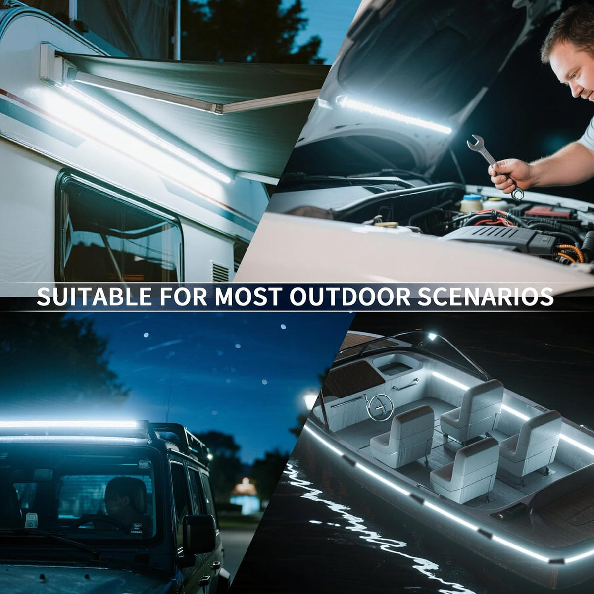 12V LED Light Bar Kit, 2 Bars White & 2 Bars Amber Adjustable Brightness RV Camping Lights - Waterproof IP67, Magnetic & Strap Mount, Portable Lighting for Tent, Car, Trailer, Boat, Truck, Off-Road