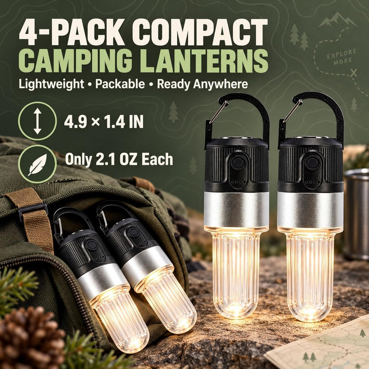pearlstar Rechargeable Camping Light for Tent, 4 Pack Black, 4 Mode