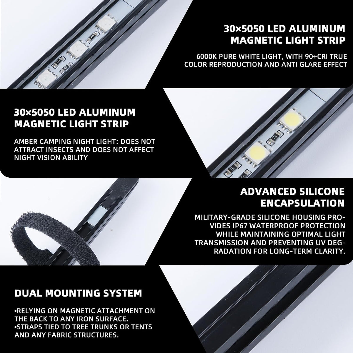 12V LED Light Bar Kit, 2 Bars White & 2 Bars Amber Adjustable Brightness RV Camping Lights - Waterproof IP67, Magnetic & Strap Mount, Portable Lighting for Tent, Car, Trailer, Boat, Truck, Off-Road