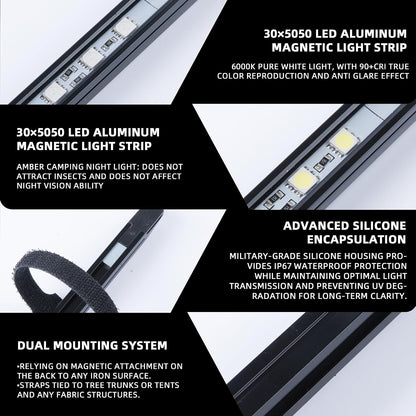12V LED Light Bar Kit, 2 Bars White & 2 Bars Amber Adjustable Brightness RV Camping Lights - Waterproof IP67, Magnetic & Strap Mount, Portable Lighting for Tent, Car, Trailer, Boat, Truck, Off-Road