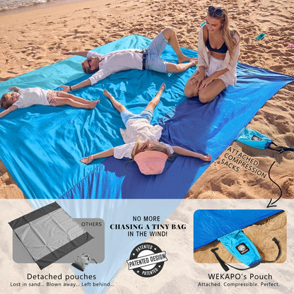 WEKAPO Beach Blanket Sandproof Waterproof, Extra Large Beach Mat, Oversized & Compact Sand Free, Quick Drying Beach Essentials for Vacation, Cruise, Picnic & Camping with Stakes