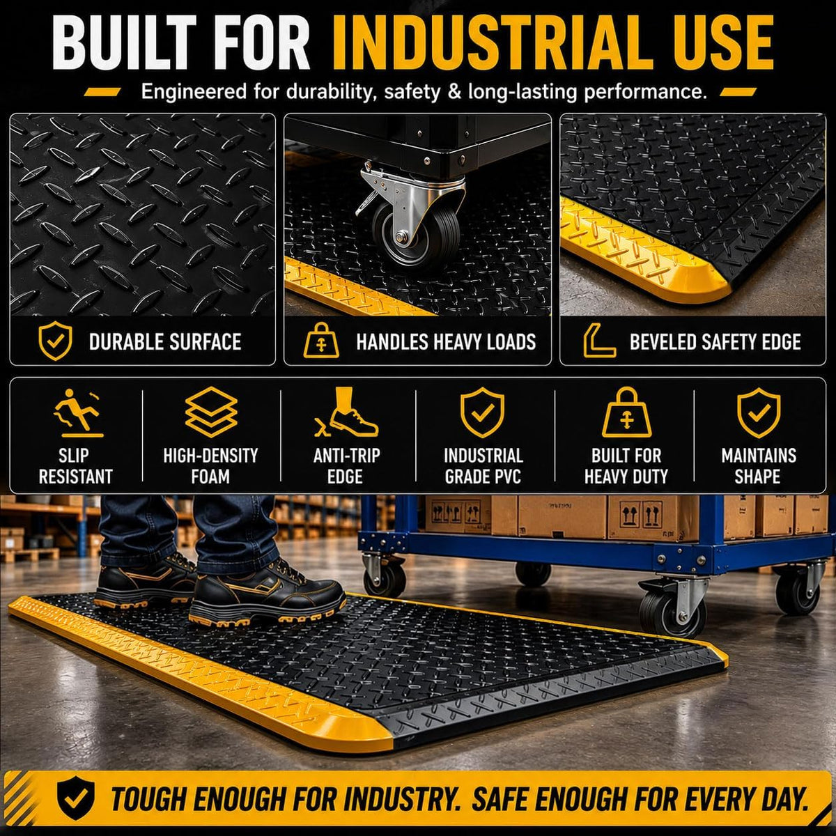 3' x 5' ESD Anti-Fatigue Conductive Mat, Durable Heavy Duty Diamond Plate, Soft Sponge Ergonomic Mat, Non Slip Waterproof Floor Mats for Commercial&Industrial Work, Thick 3/4” Black with Yellow Border